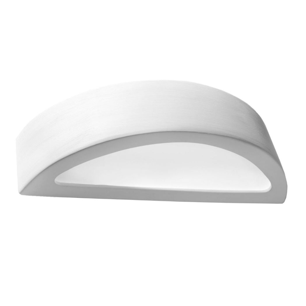 Curved white ceramic wall light photographed on a plain background