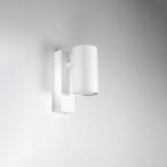 White rectangular wall bracket holding an angled white cylindrical shade, unlit