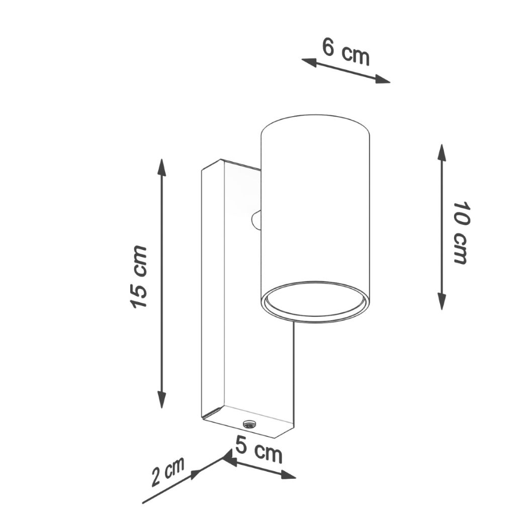 Line drawing of the wall light showing 15 cm height and 6 cm shade diameter