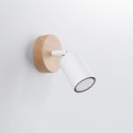 Round wood backplate wall light with an adjustable white spotlight head