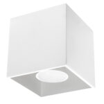 Close-up of the white cube-shaped surface-mounted spotlight on a white background