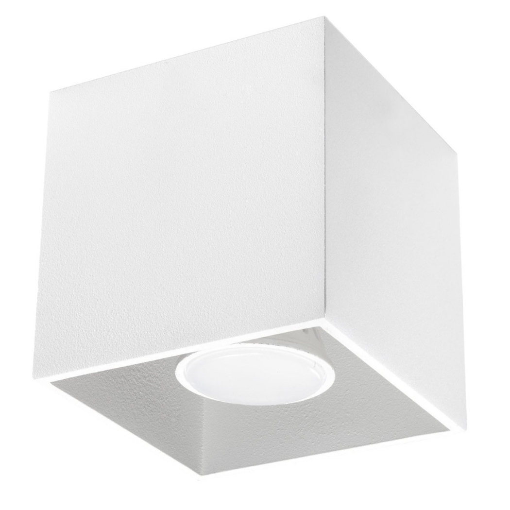 Close-up of the white cube-shaped surface-mounted spotlight on a white background