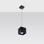 Black cube pendant light with a round light source at its base