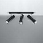 Black ceiling lamp with three adjustable cylinder spotlights on a bar