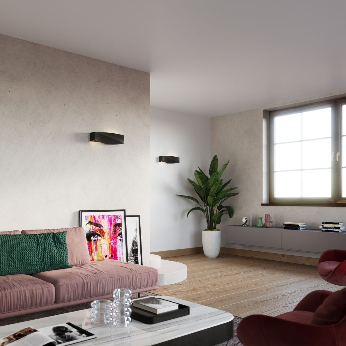 Two angular black wall lights glowing beside a colorful painting and window