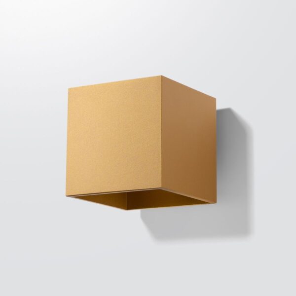 Gold cube-shaped wall light with an angled open base