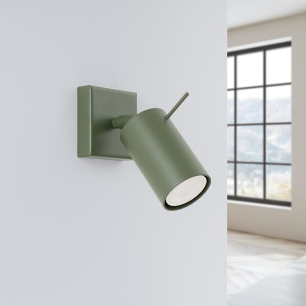 Green cylindrical spotlight wall light mounted on a square base