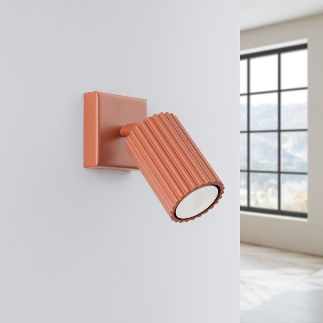 Terracotta ribbed cylindrical spotlight wall light on a square base