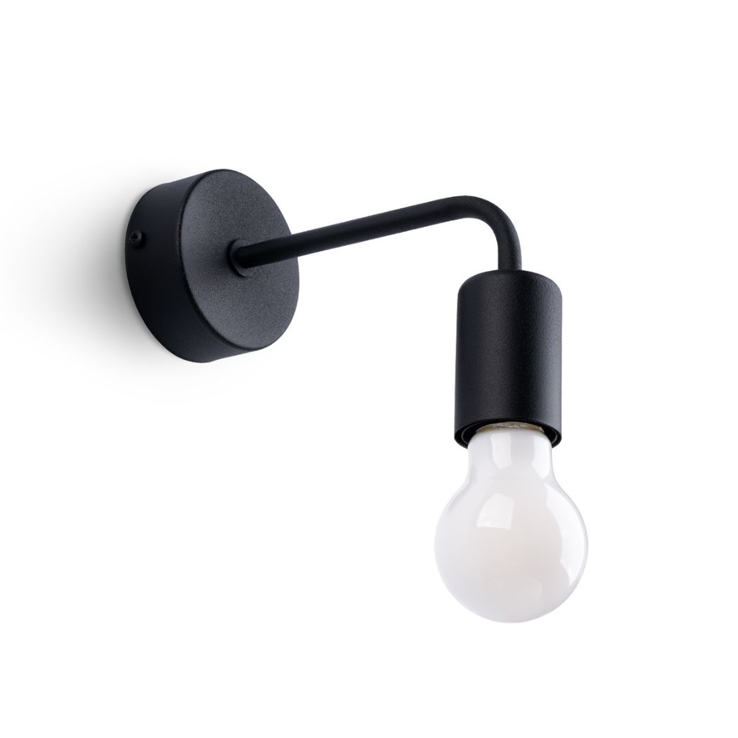Close-up of the black wall light's round base, curved arm and clear bulb