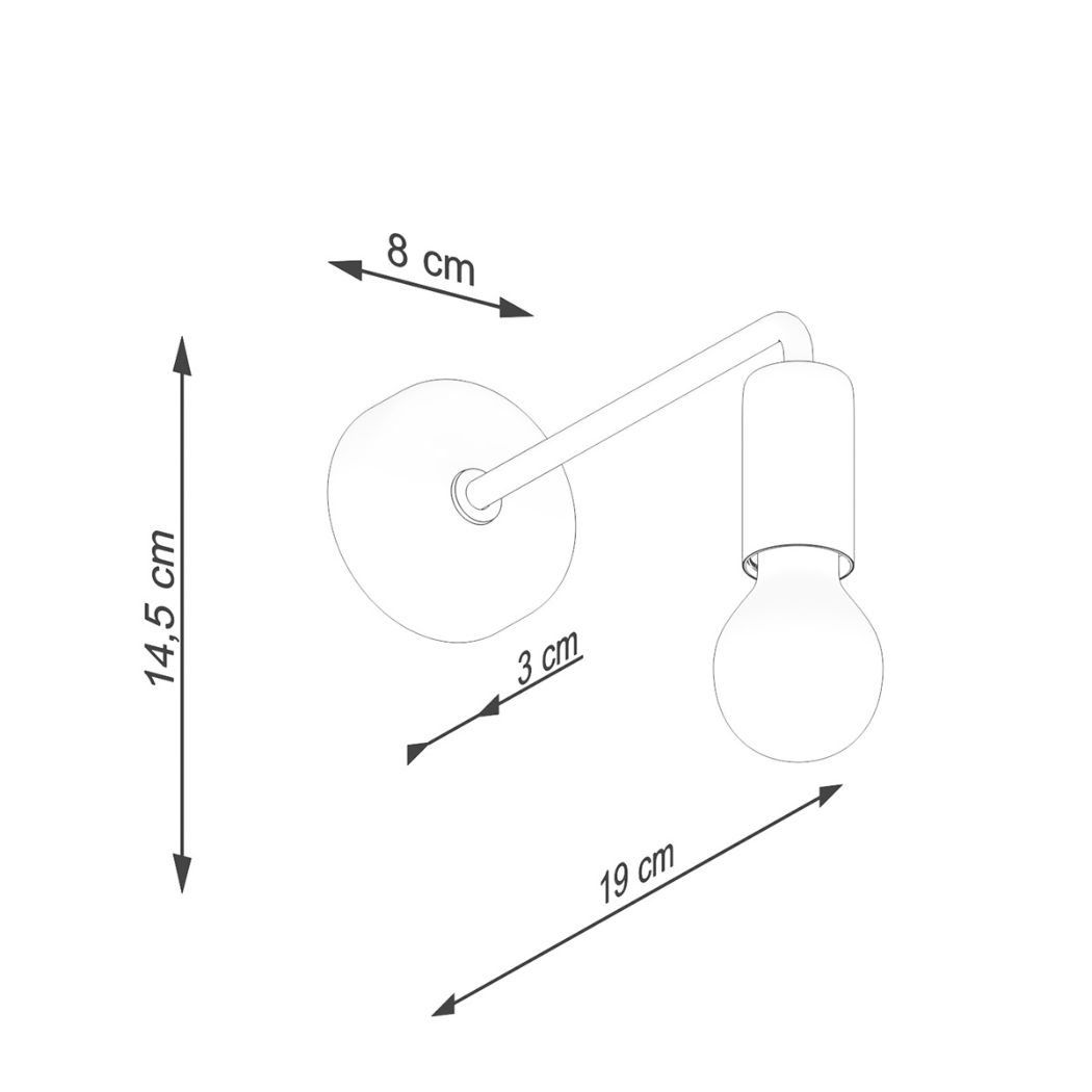 Dimension diagram of the wall light showing 8, 3, 14.5 and 19 cm measurements
