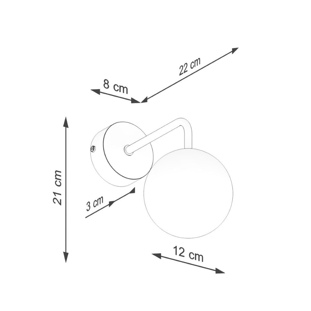 Dimensions diagram of the globe wall light with a 22cm arm and a 12cm globe