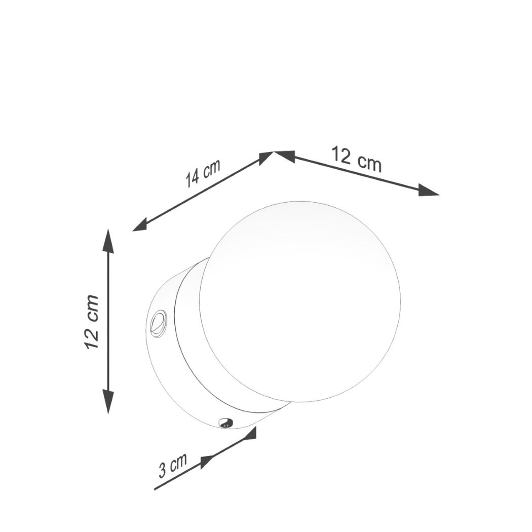 Dimensioned sketch of the glass ball wall light, 14 by 12 by 12 cm