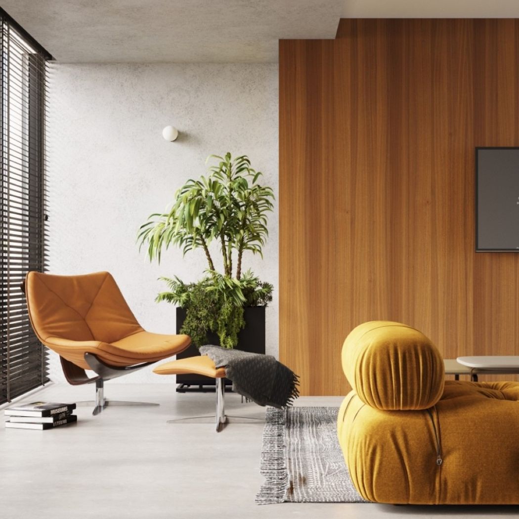 Small round glass ball wall light beside a window above a living room with plants
