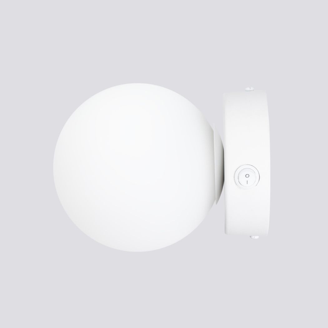Side view of the white round glass ball wall light with its toggle switch