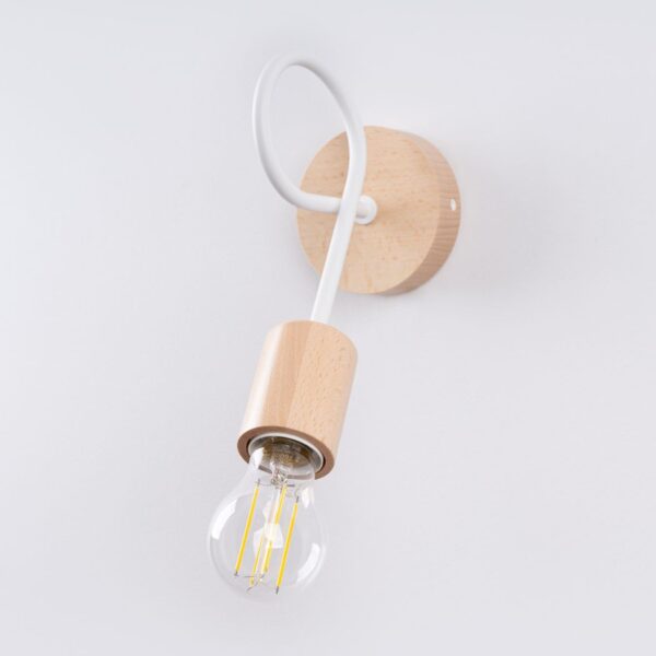 Wood and white metal wall light with a looping arm and exposed bulb
