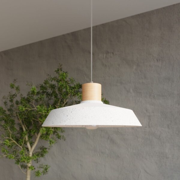 White ceramic dome pendant light with a wood collar over greenery