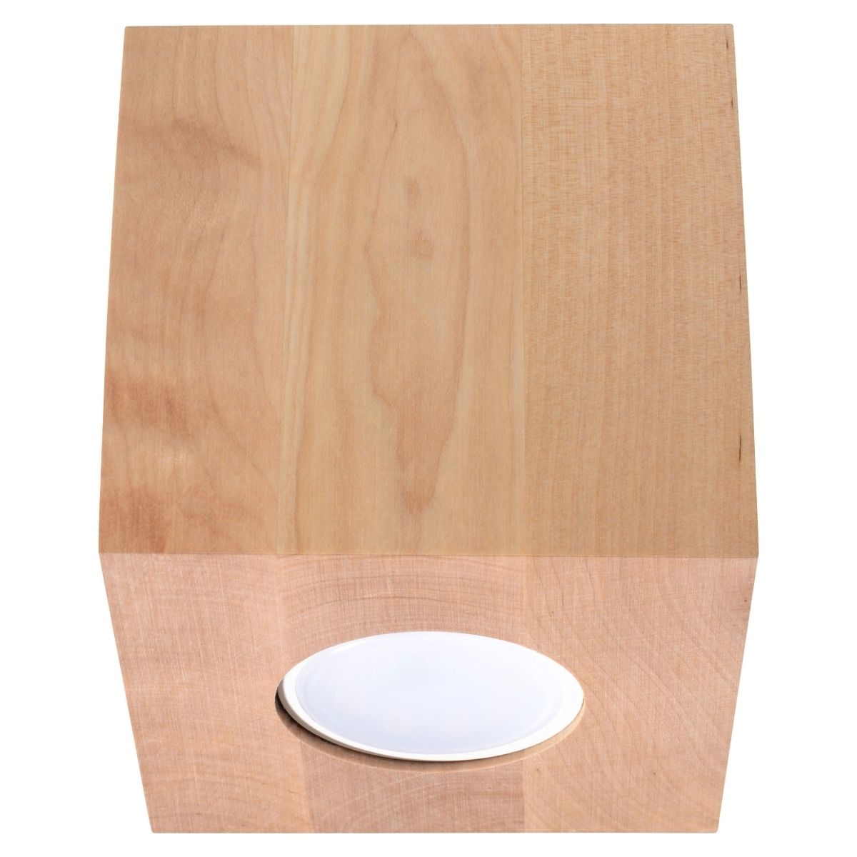 Top-down view of the natural wood cube spotlight and round lens