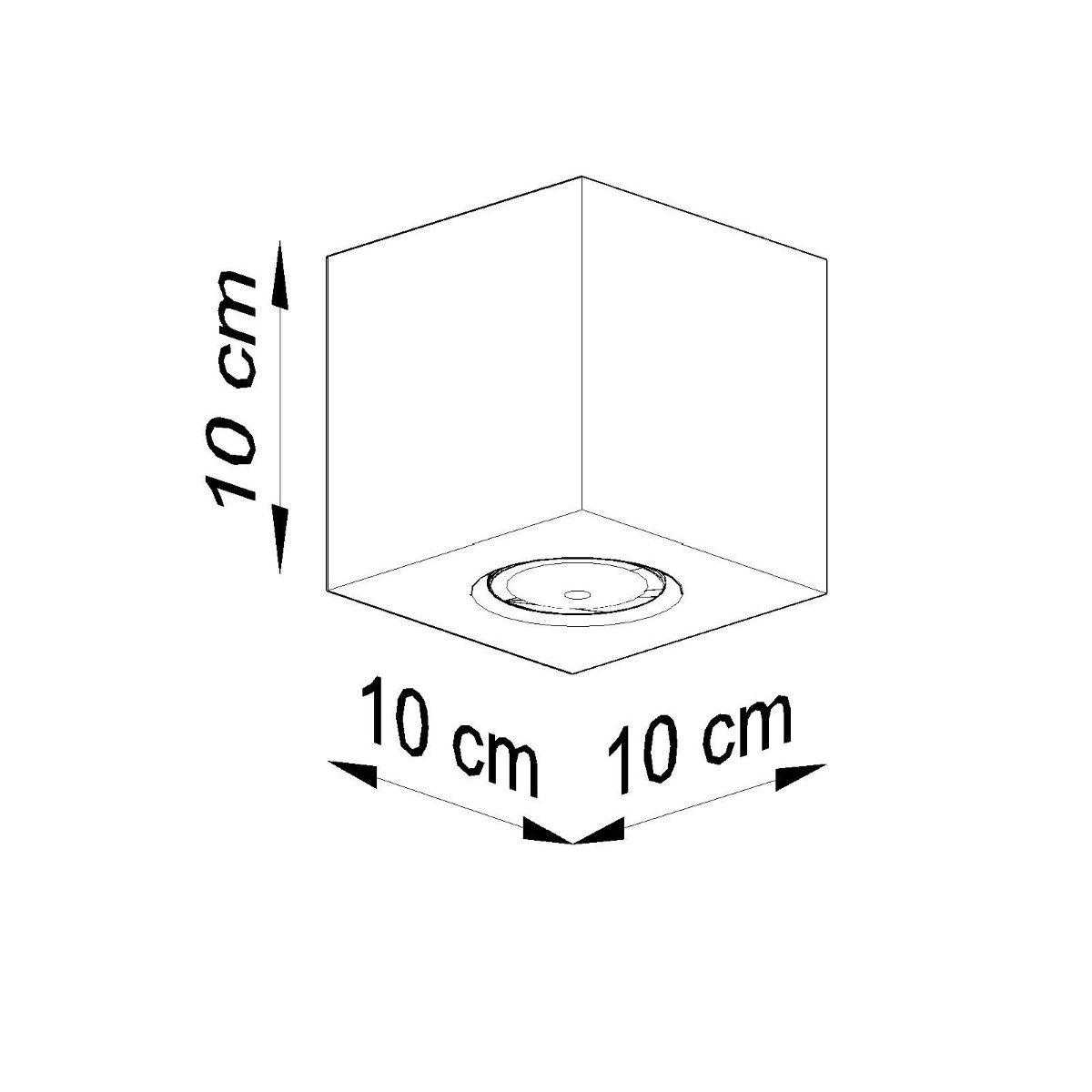 Technical drawing of the wood cube spotlight showing 10 centimetre cube