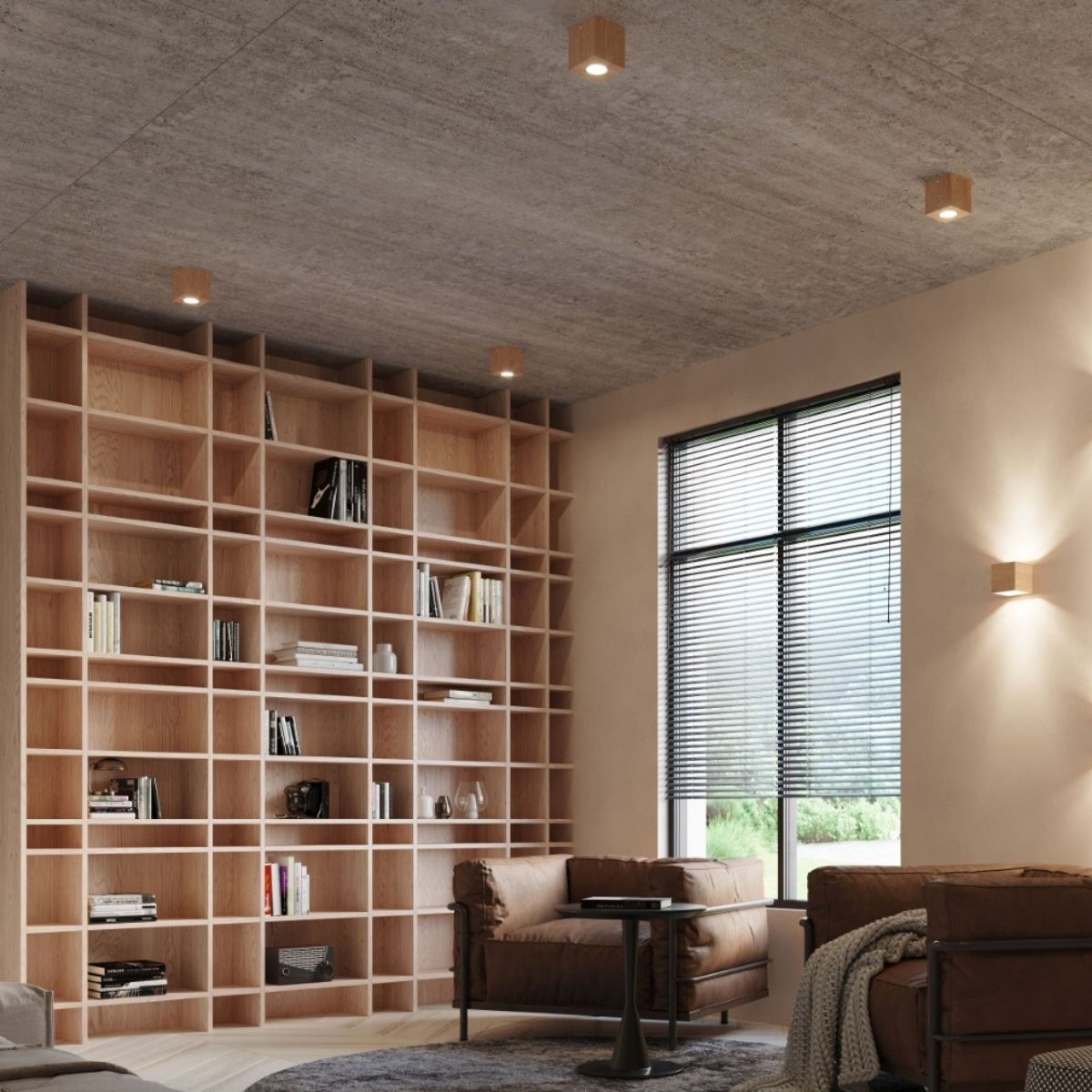 Small wooden cube spotlights recessed into a concrete ceiling above a library