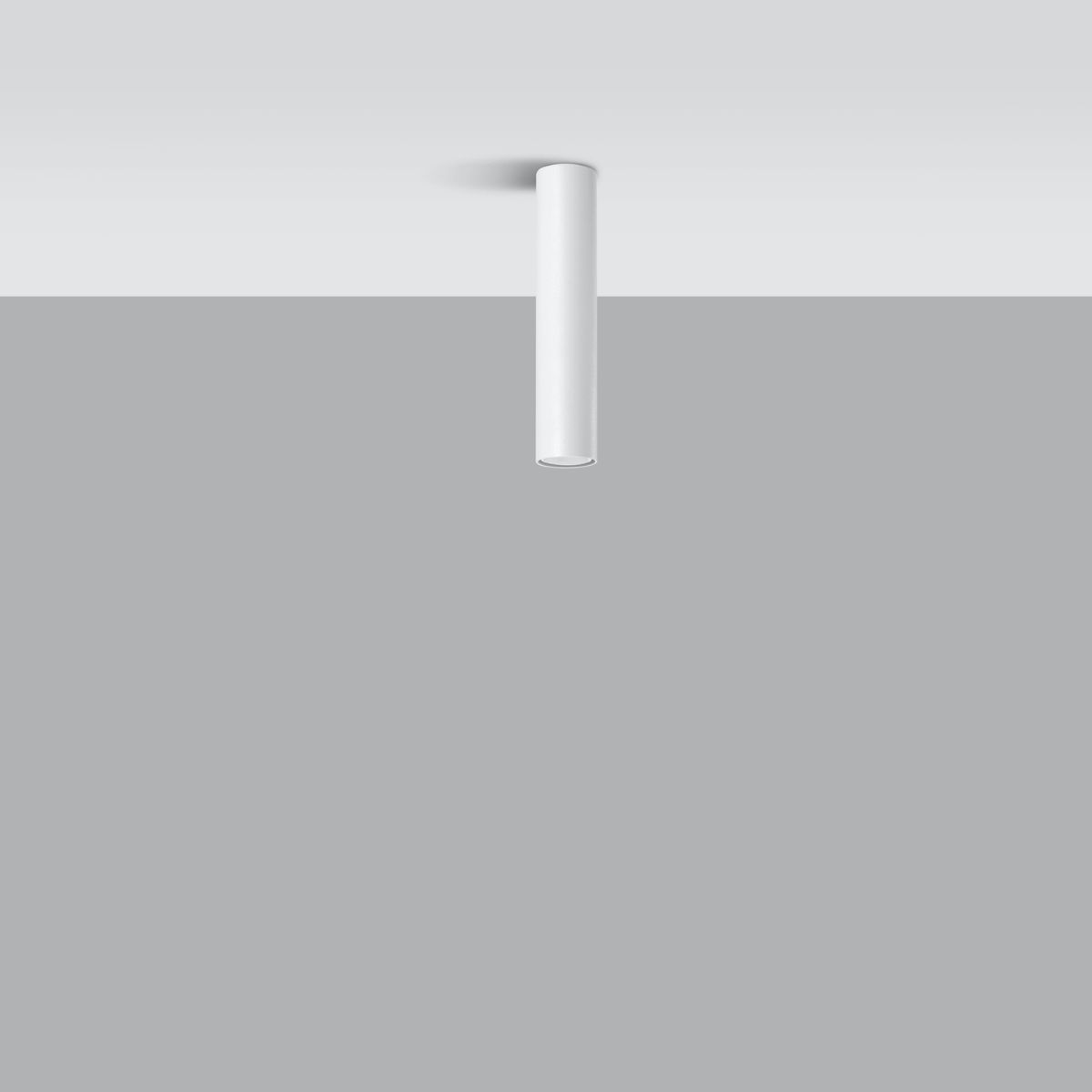 White cylindrical spotlight tube mounted flush against a white ceiling