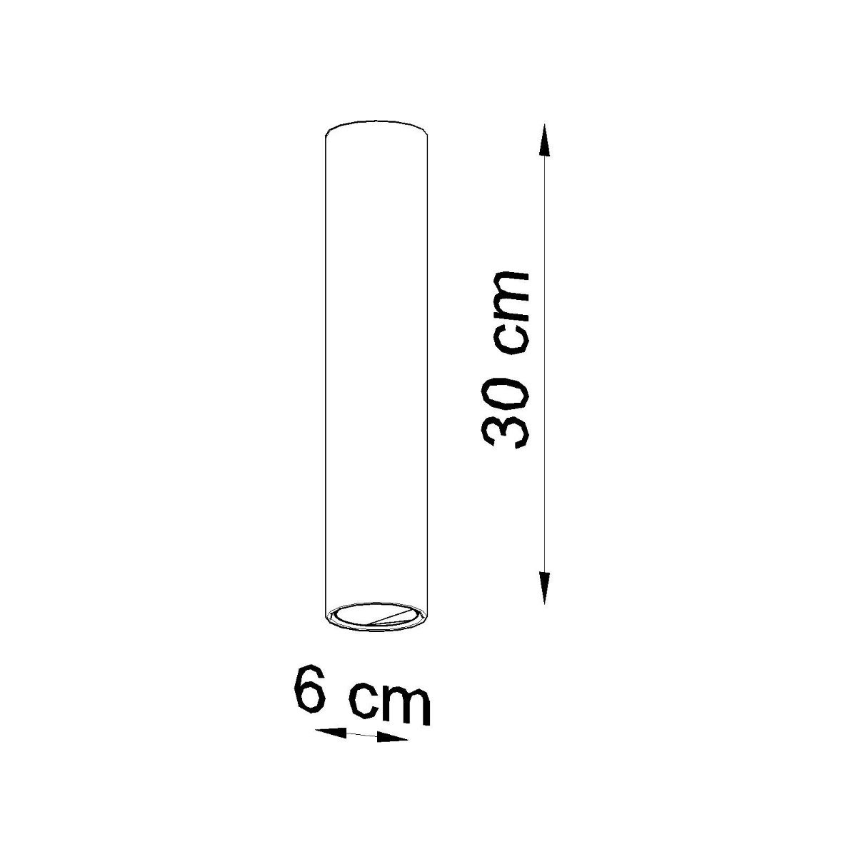 Line drawing of the cylindrical spotlight showing 30 cm length and 6 cm width