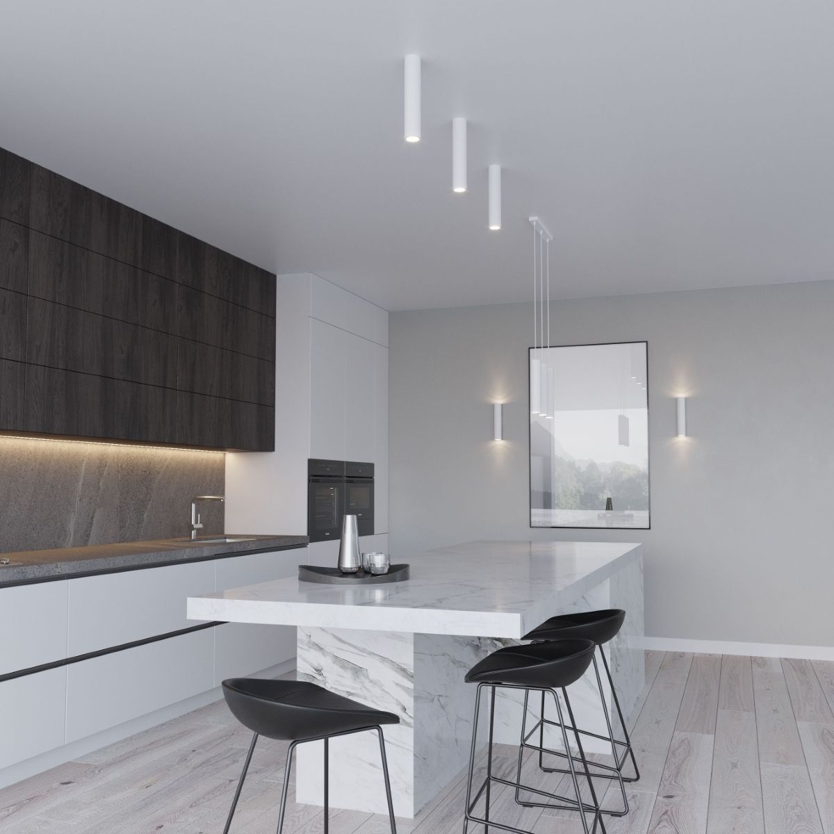 Kitchen island with staggered white ceiling spotlights and two matching wall lights
