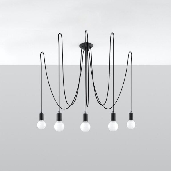 Black spider chandelier with five looping cables and exposed bulbs