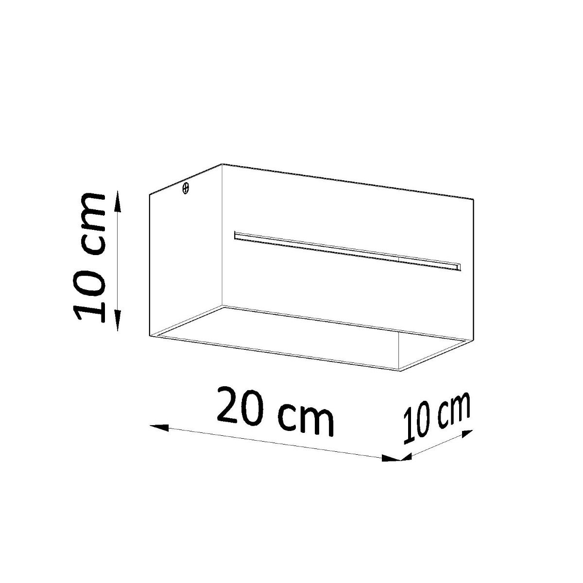 Dimensions diagram of the rectangular ceiling light: 20 x 10 x 10 cm