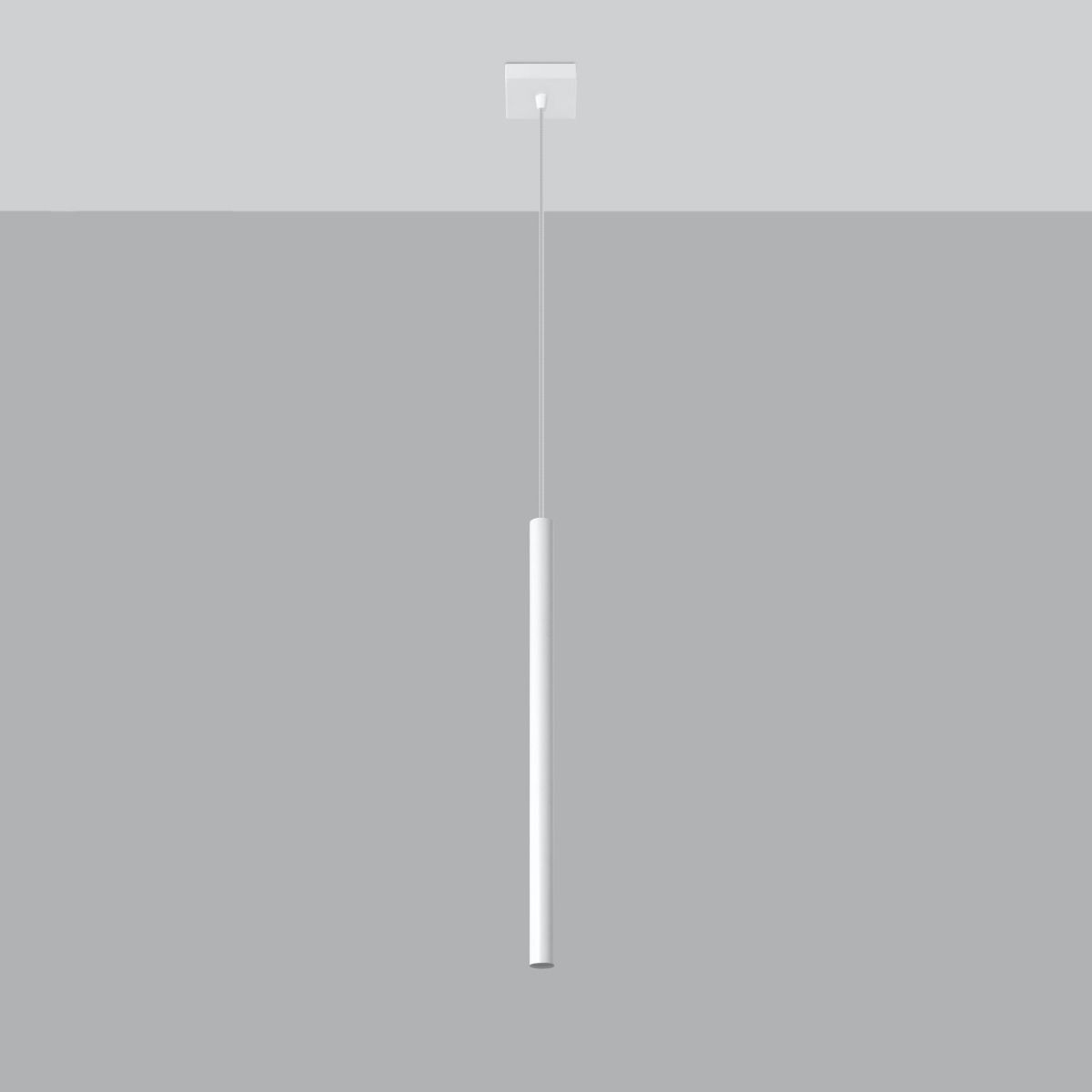 Slim white cylindrical pendant light hanging from a thin cable on a plain background
