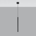 Slim black cylindrical pendant light hanging from a thin cable on a plain background