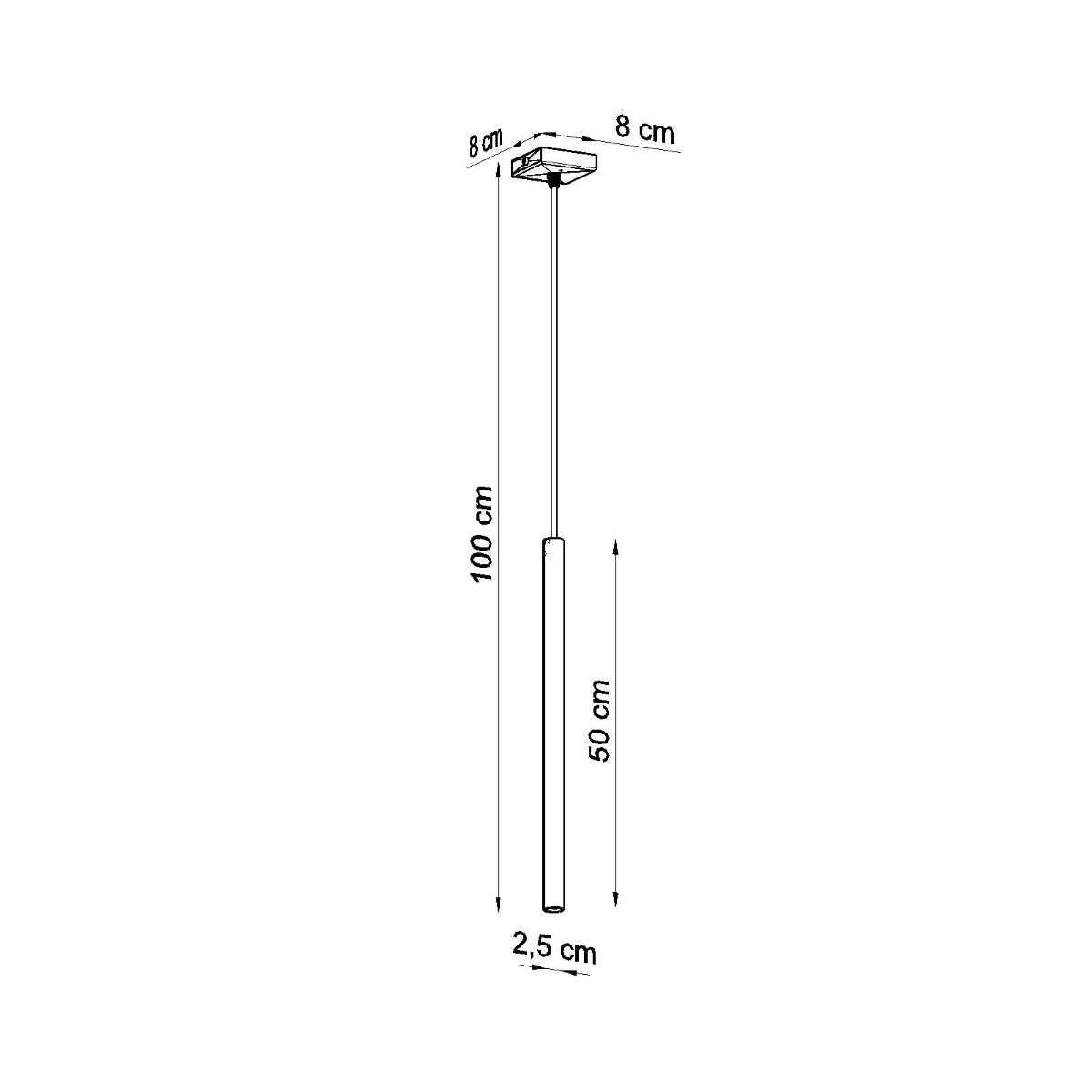 Line drawing of the slim pendant light with 8, 100, 50 and 2.5 cm dimensions