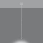 Slim rod shaped LED pendant light glowing at its tip, product shot