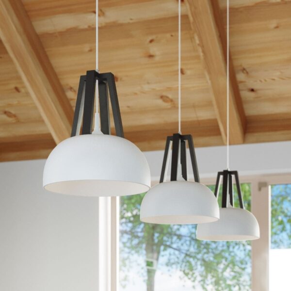 Three white dome pendant lights with black wire tops in a wood-ceilinged room