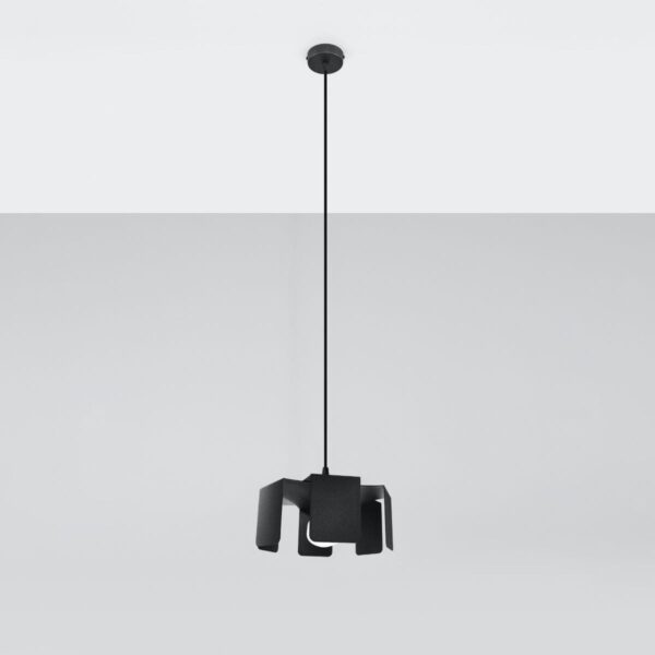 Black abstract sculptural pendant light with angular folded panels