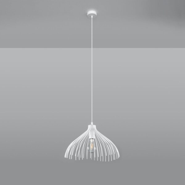 White wire pendant light with a ribbed dome shade on a long white cord