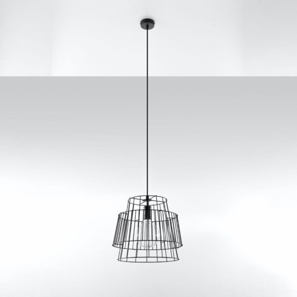 Black wire-frame tiered basket pendant light on a long cord
