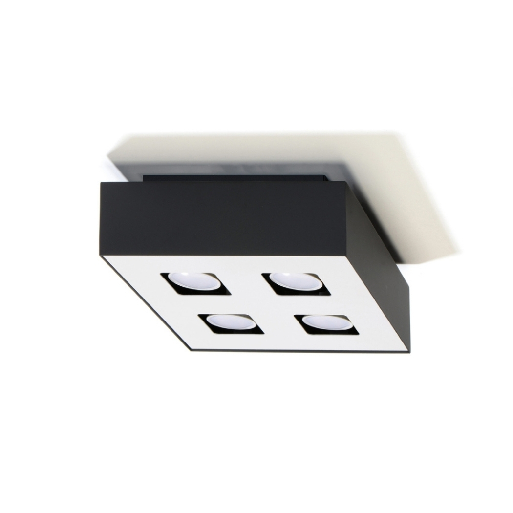 Black square ceiling light with four small recessed spotlights