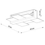 Line drawing of the rectangular ceiling light with 43, 43 and 12 cm dimensions and a spotlight detail
