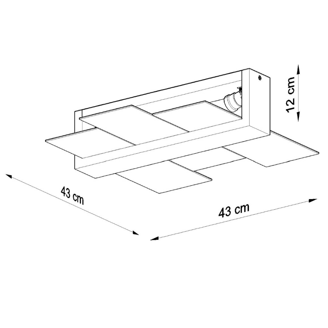 Line drawing of the rectangular ceiling light with 43, 43 and 12 cm dimensions and a spotlight detail