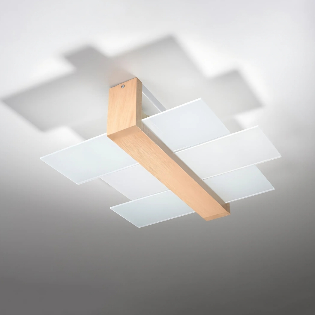 Light wood ceiling light with layered square glass panels