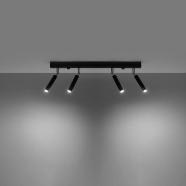 Four spot black LED ceiling light bar angled downward