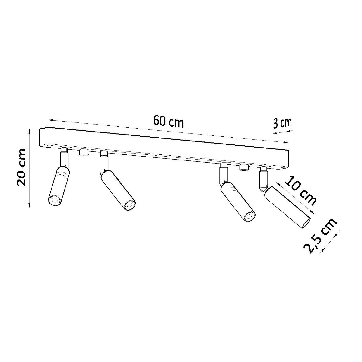 Dimension diagram of the four spotlight ceiling bar showing 60, 20, 10 and 2.5 cm