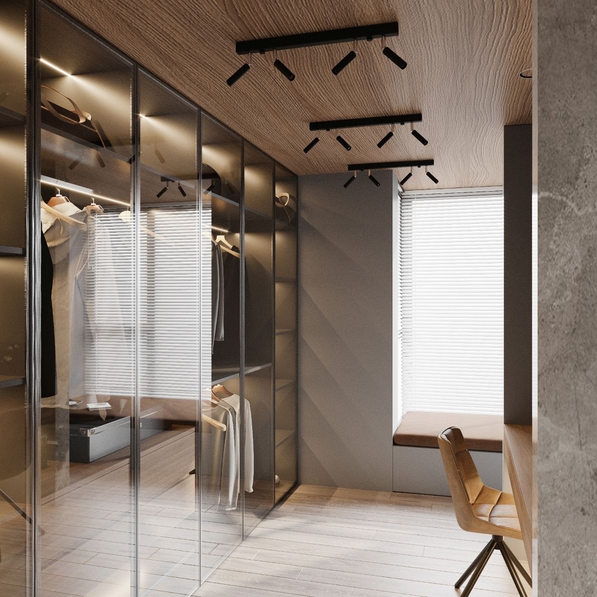 Walk-in closet with three black four spotlight ceiling bars above wardrobes