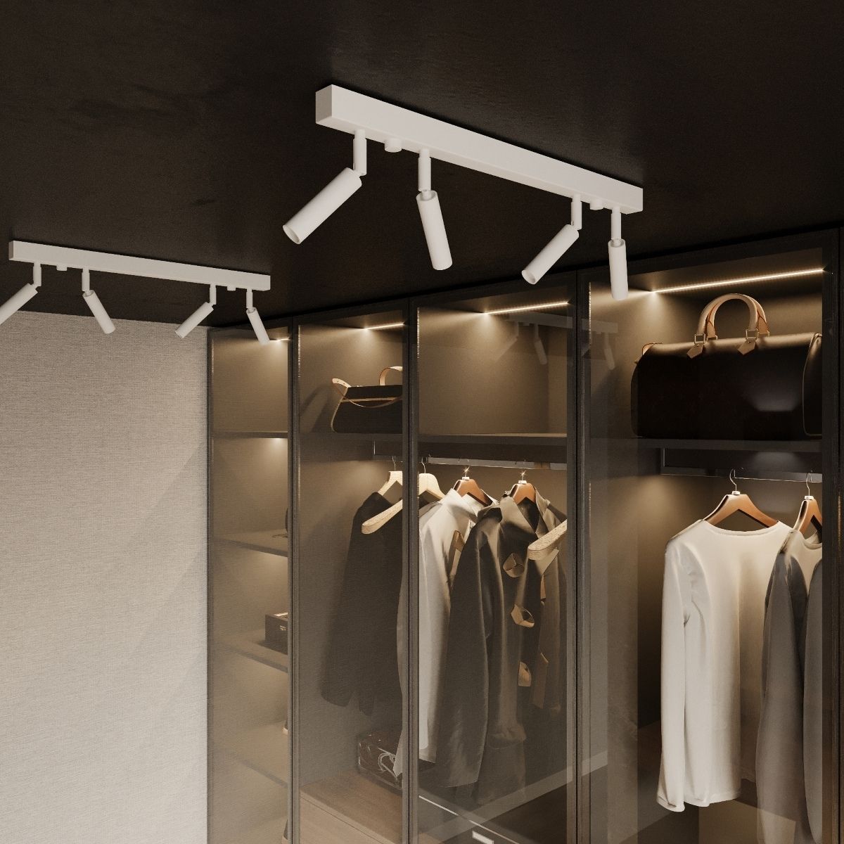 Walk-in closet with white four spotlight ceiling bars lighting hanging bags