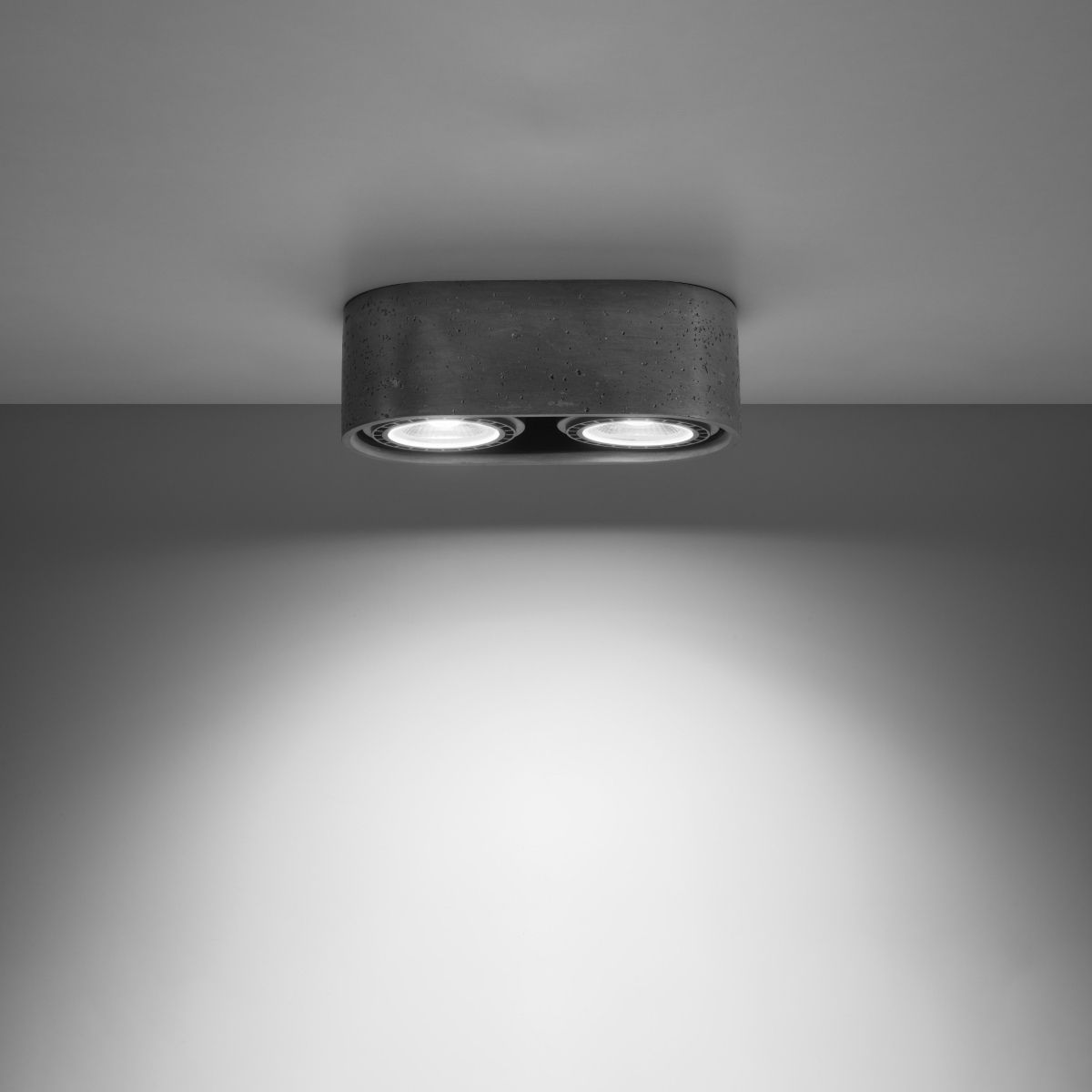 Black double spot ceiling light casting light downward against a dark background