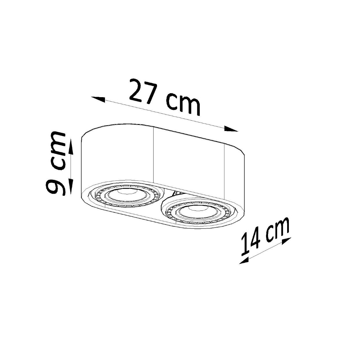 Dimensions diagram of the oval double-spot ceiling light showing 27 by 14 by 9 cm