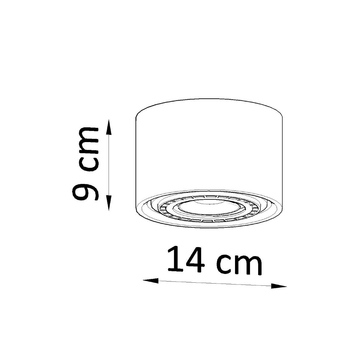 Dimension diagram of the concrete cylinder spotlight showing 14 and 9 cm