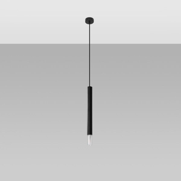 Slim black cylindrical pendant light with an exposed bulb at the tip