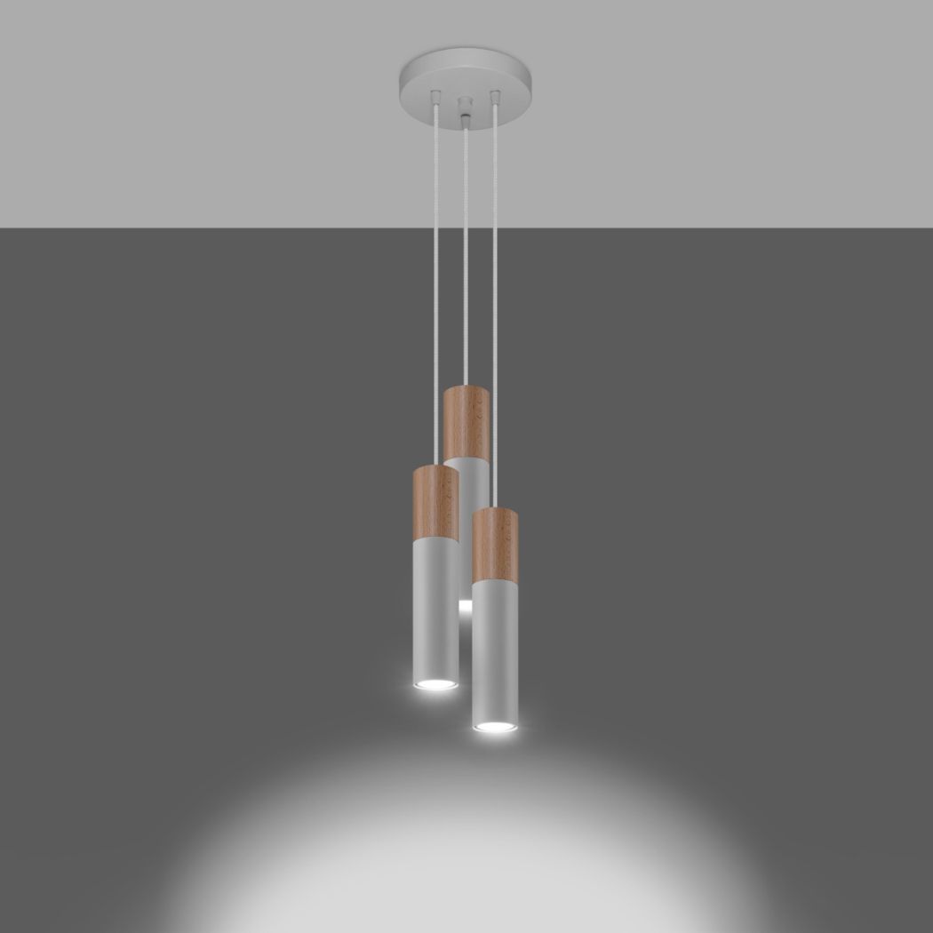 Three white and wood cylinder pendant lights glowing on gray background