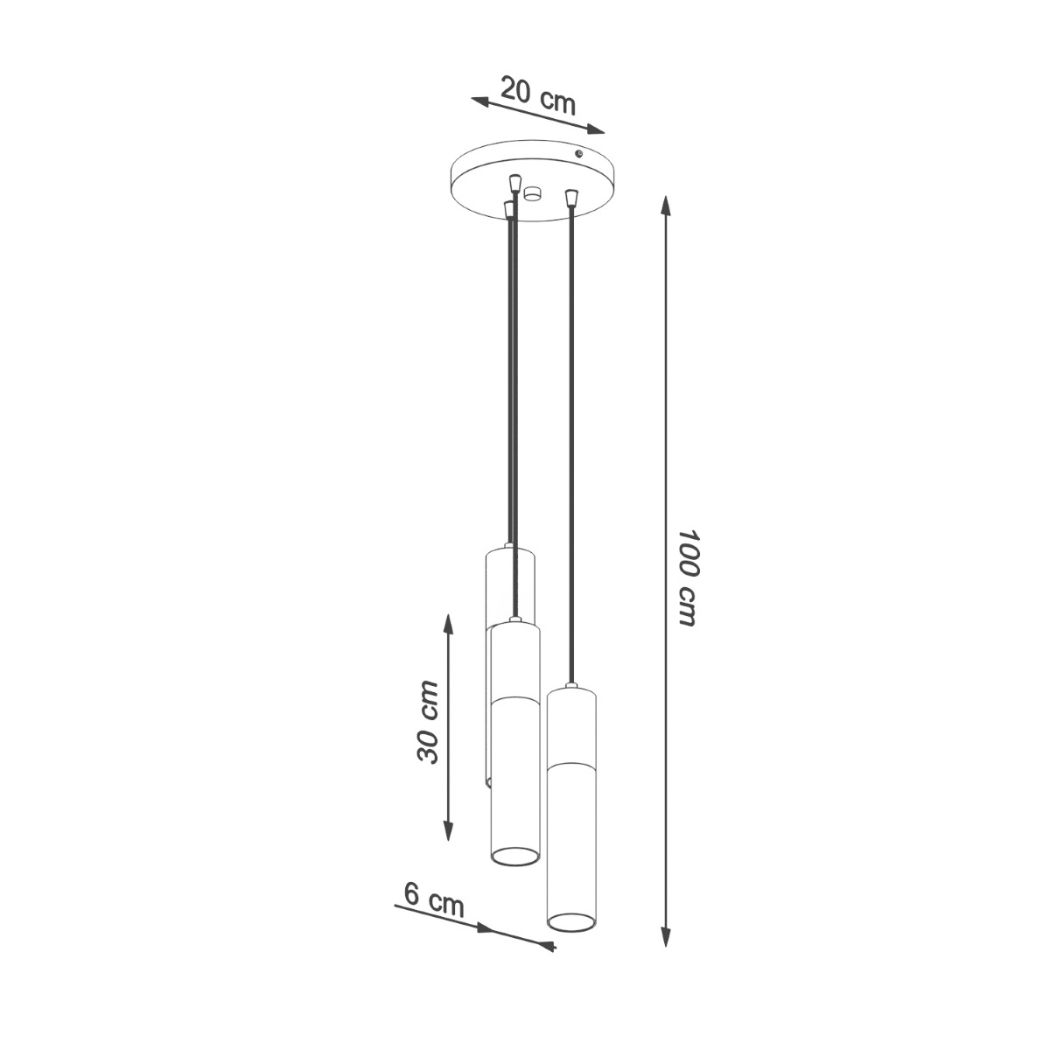 Dimension diagram of the three pendant light showing 20, 100, 30 and 6 cm
